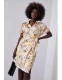 Floral print wrap dress with a collar, yellow FG638 - Online store - Boutique